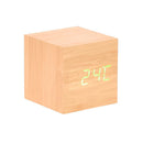 Reloj de escritorio LED en forma de cubo de madera con visualización de temperatura y fecha